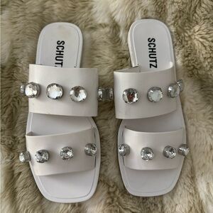 Schutz White Lizzie Sandals, Size 7.